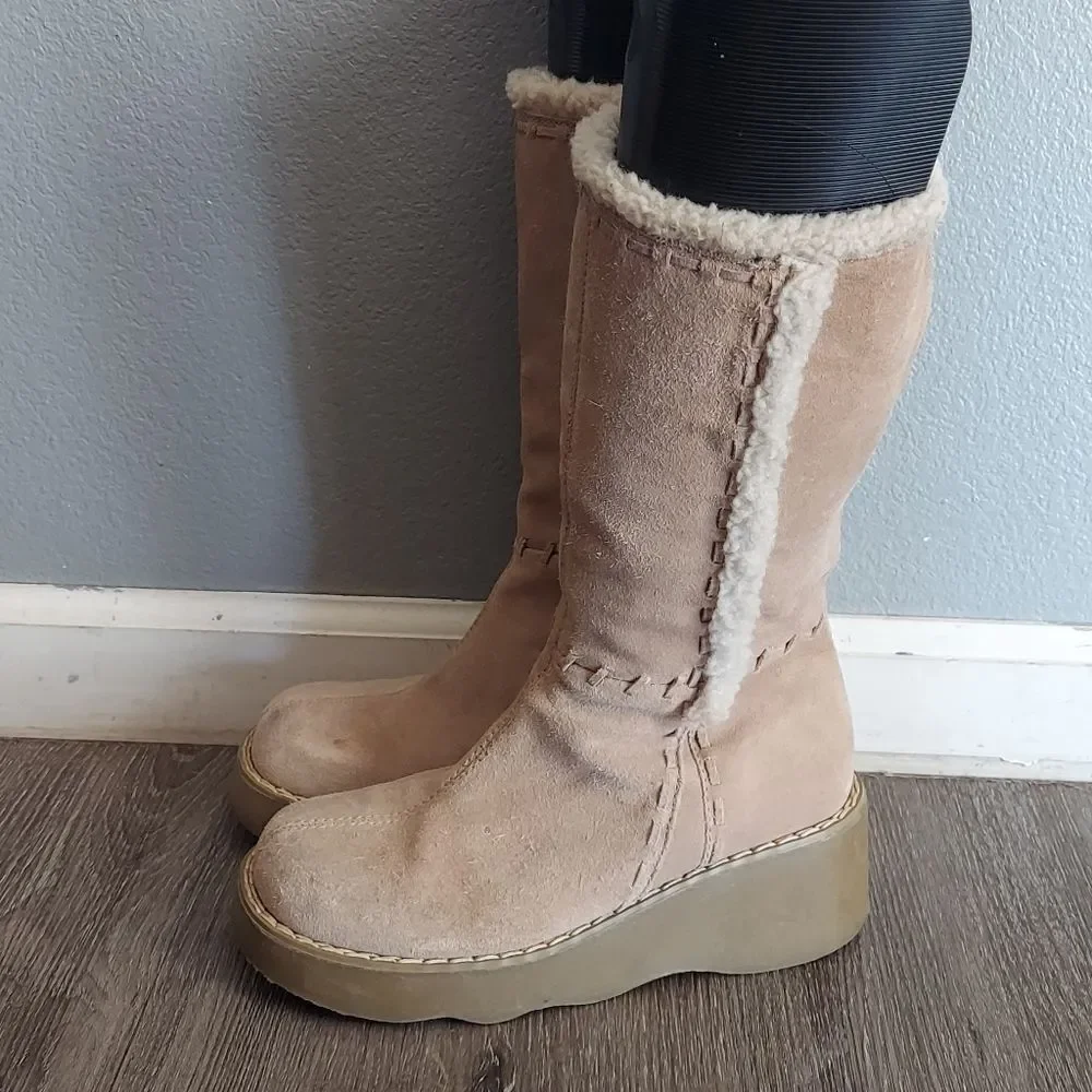 Vintage 90s Xhilaration Suede Platform Faux Fur Trim Chunky Boots Size 8.5